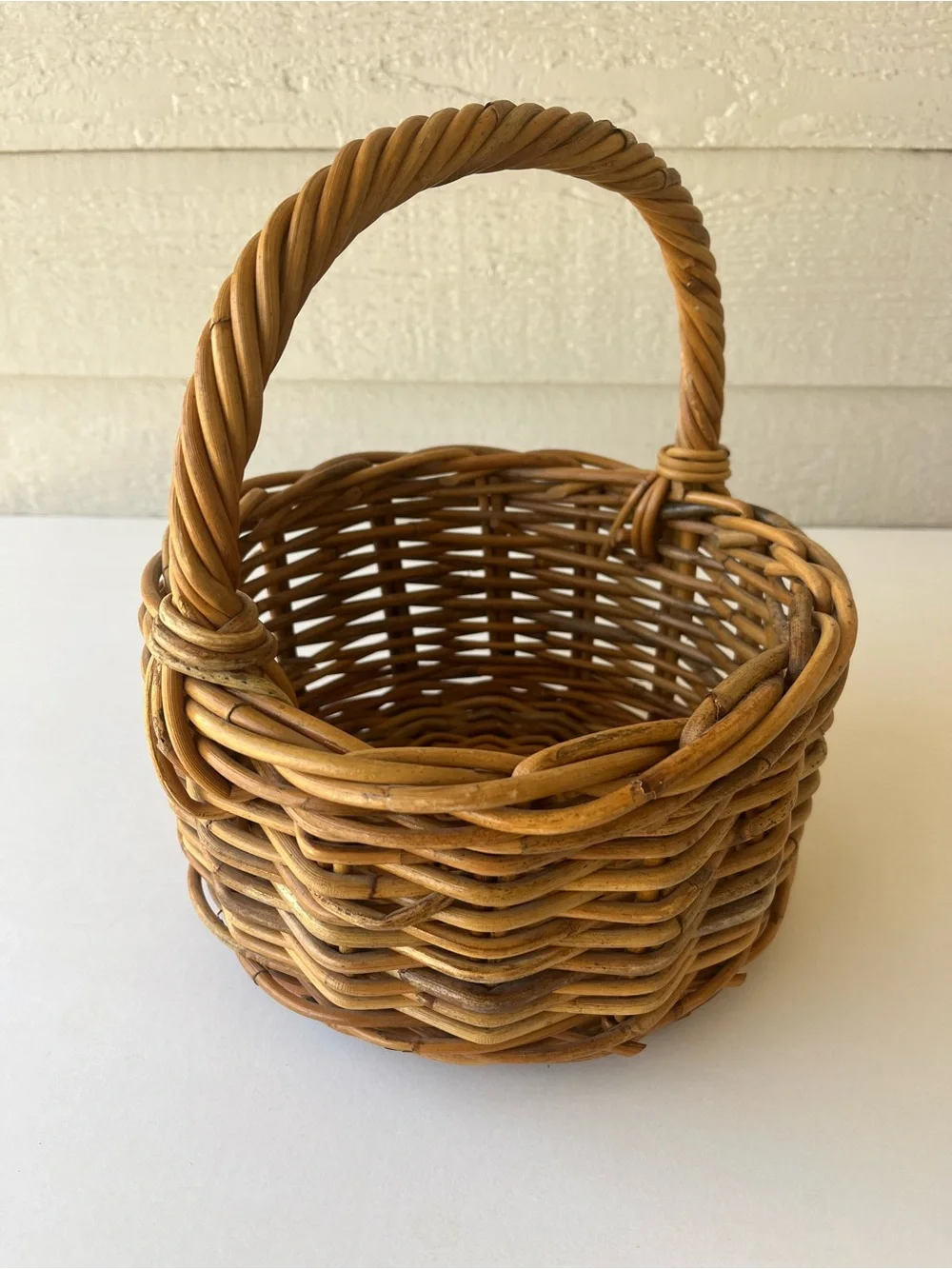 Honey-Color Wicker/Rattan Rustic Twisted Handled Basket Medium Size